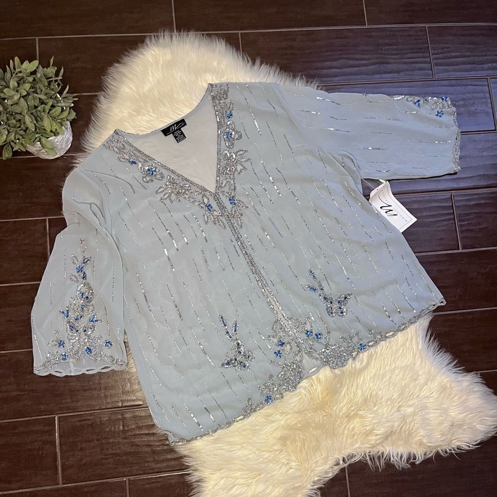 Midnight velvet powder blue sequin open blouse sz 3X
